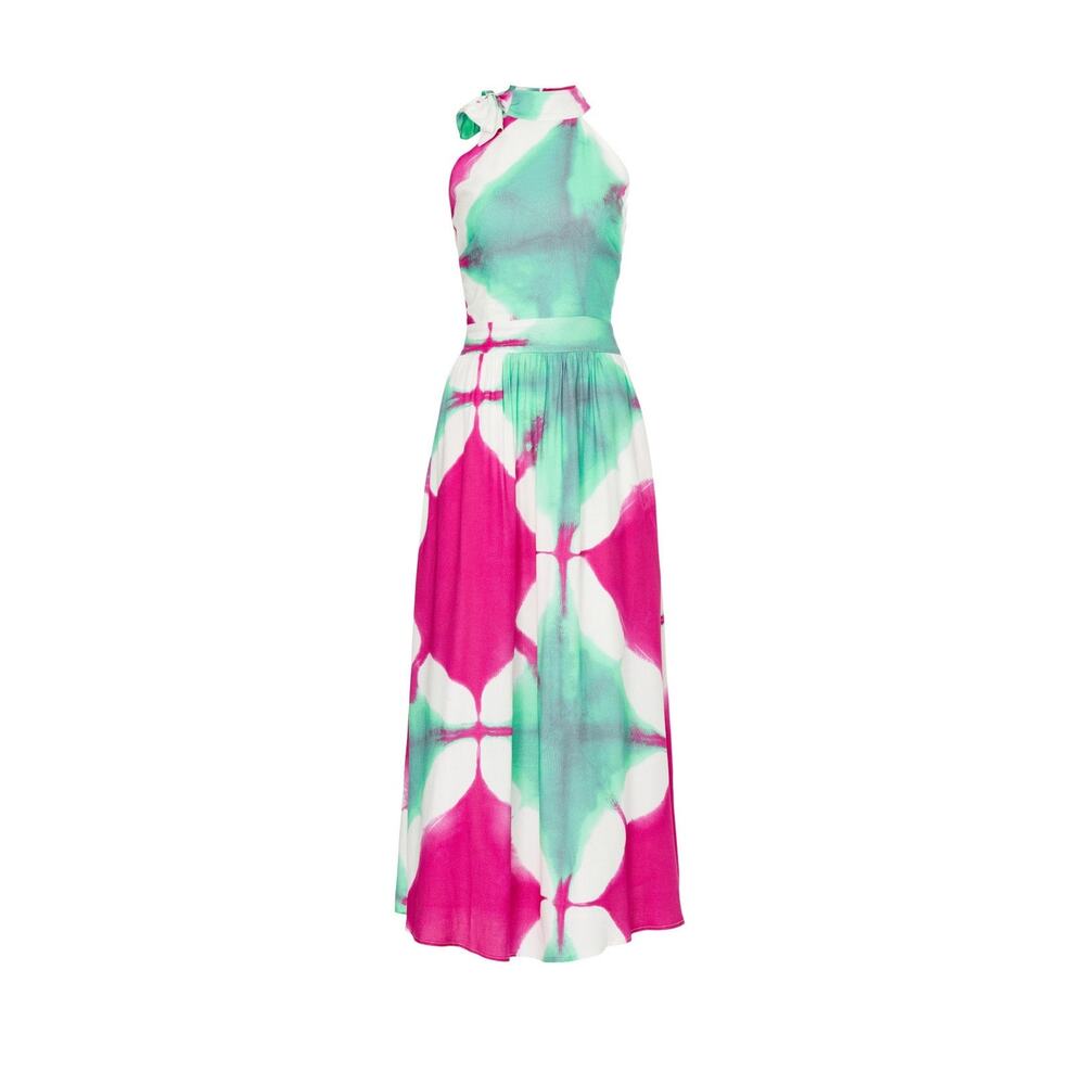 Busayo Collective Maxi Dress Pink Green Abstract Halter Sleeveless Midi Summer